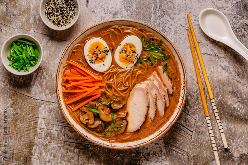 Bowl of ramen with chicken, eggs, and vegetables