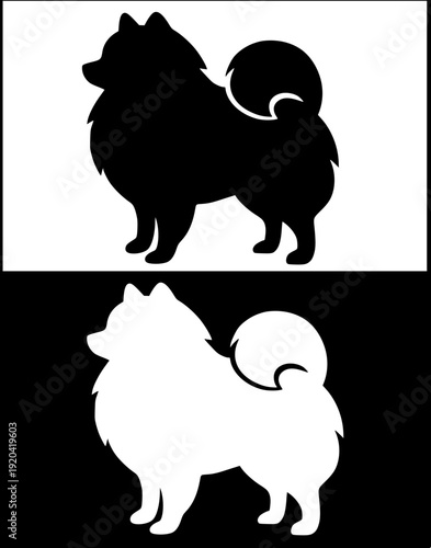 Dog icon, vector illustration of Pomeranian, black and white in silhouette design, with original and negative versions