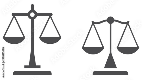 Two grayscale depictions of scales of justice symbolizing fairness and law
