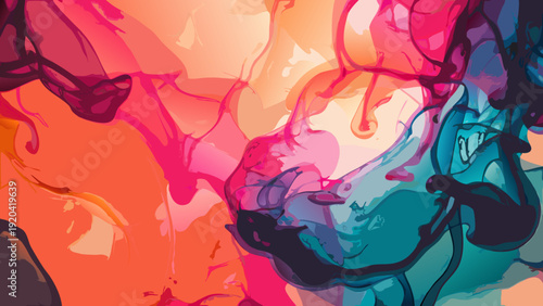 Abstract colorful paint swirls and flowing shapes create a vibrant design