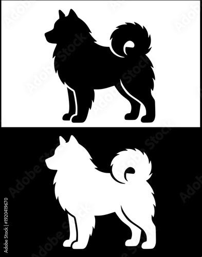 Dog icon, vector illustration of samoyed, black and white in silhouette design, with original and negative versions