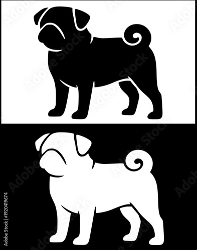 Dog icon, vector illustration of pug, black and white in silhouette design, with original and negative versions