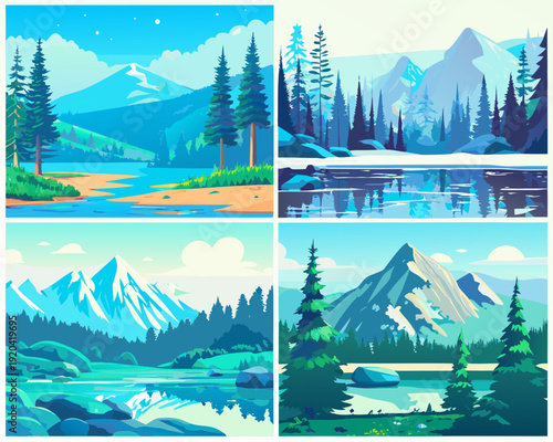 Scenic mountain landscapes featuring forests lakes and snow capped peaks