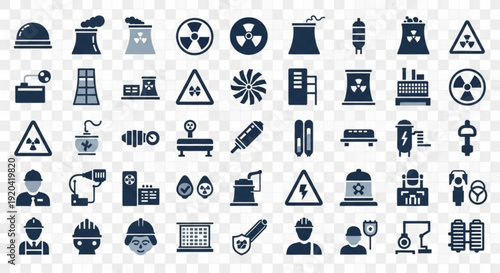 Collection of nuclear radiation and industrial safety icons including hazard symbols workers and equipment on a transparent background