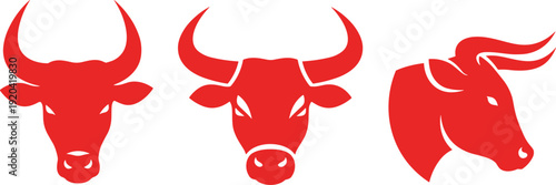 Bold red bull logo set with frontal and profile silhouettes for professional branding.