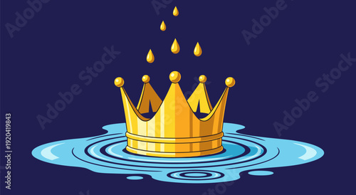 Vector Illustration of Submerged Yellow Crown in Water with Melancholic Ripple Effects