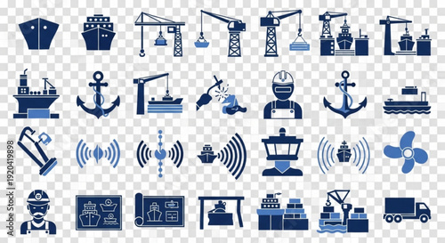 Industrial and maritime icons set including shipping construction and communication symbols in blue on transparent background