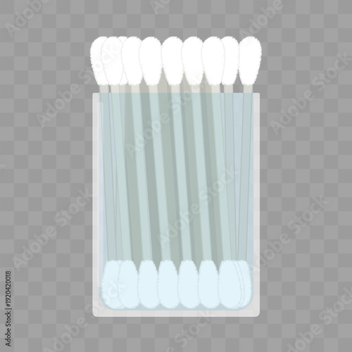 Bulk cotton swabs in clear glass container on checkered background. Hygiene and medical ear buds vector illustration for health and hygiene infographics, cosmetic application guides