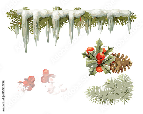 Festive winter decorations including icicles holly and a stocking