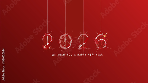 Sparkling new year 2026 wishes with red background and hanging lights