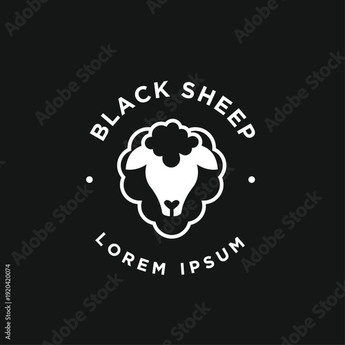 Minimalist Black Sheep Logo Emblem. White sheep head design on a black background, symbolizing individuality and uniqueness.