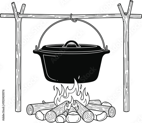 A black cauldron suspended over an open fire between two wooden posts.