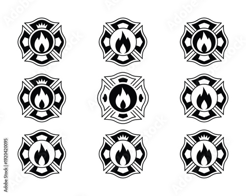 Nine vector illustrations of the maltese cross symbol with flame elements and detailed designs