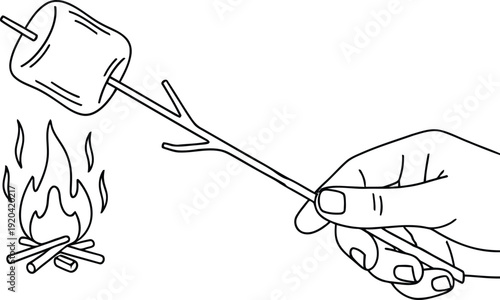 A hand holding a stick with a pot being heated over a small flame.