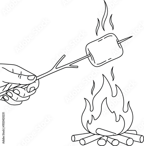 A simple line drawing of a marshmallow being roasted over a campfire.