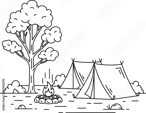 A serene campsite with tents and trees in a peaceful landscape.