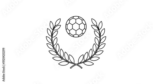 Soccer Ball and Laurel Wreath Emblem Outline, Isolated White Background