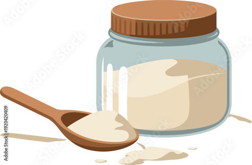 Glass Jar with Powder and Wooden Spoon Isolated on Transparent Background Baking Ingredient Concept
