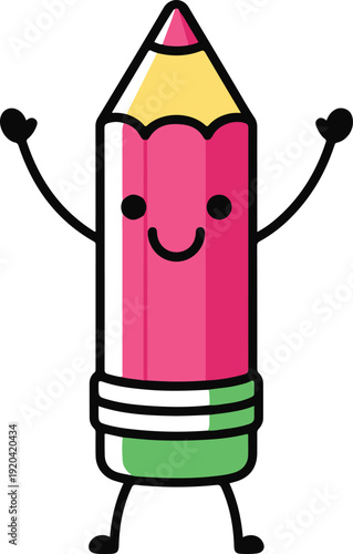 Cute Happy Pink Pencil Cartoon Character Raising Hands For Back To School Vector Illustration
