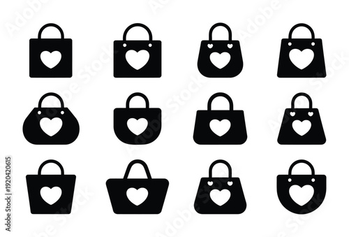 Black vector illustrations of handbags with heart shapes on the front arranged in a neat grid