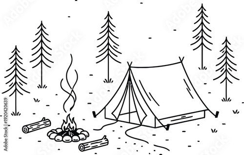 A simple black and white drawing of a tent in a forest clearing with a campfire.