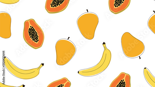 Colorful seamless pattern showcasing a variety of tropical fruits like ripe bananas, sliced papayas, and mangoes on a clean white background.