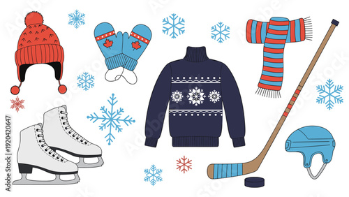 Collection of winter sports gear including ice skates hockey equipment and warm clothing like sweater and scarf with snowflakes.