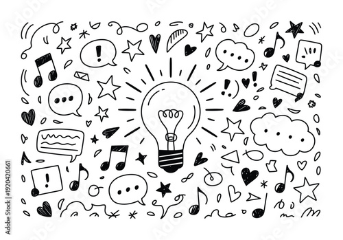 Vector illustration featuring a bright lightbulb surrounded by doodles of speech bubbles, musical notes, and stars