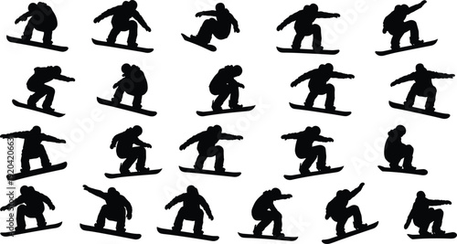 Black silhouette collection of snowboarders performing various jumps and stunts isolated on white background for winter sports vector.