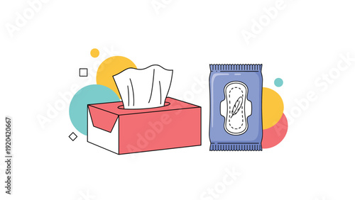 Set of personal hygiene products featuring a pink tissue box with a white tissue and a blue package of sanitary napkins with a feather icon.