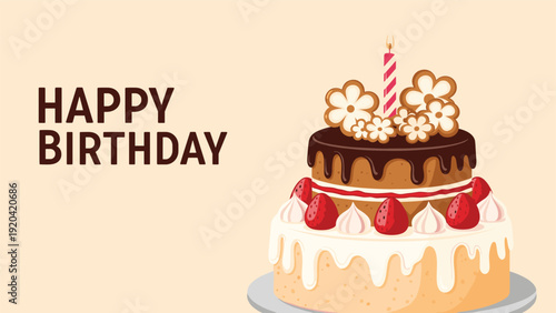 Delicious two-tiered happy birthday cake decorated with chocolate drip strawberries and cream for a sweet celebration.