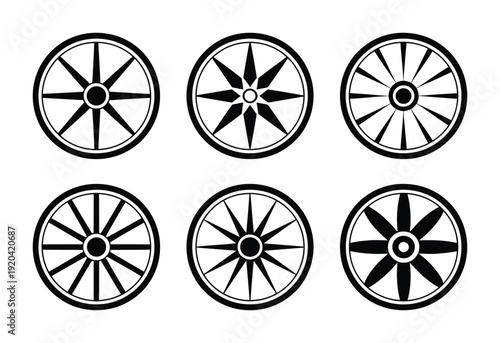 Collection of six vector wheel icons showcasing various spoke designs and patterns