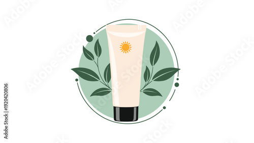 Sunscreen tube featuring a yellow sun icon and green leaves for summer skin protection and beauty care products.