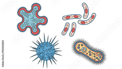 Diverse collection of colorful germs and viral pathogens illustrating different shapes of microbes for scientific studies.