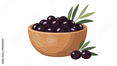 Rustic wooden bowl brimming with ripe black olives and green leaves for healthy mediterranean diet and appetizer themes.