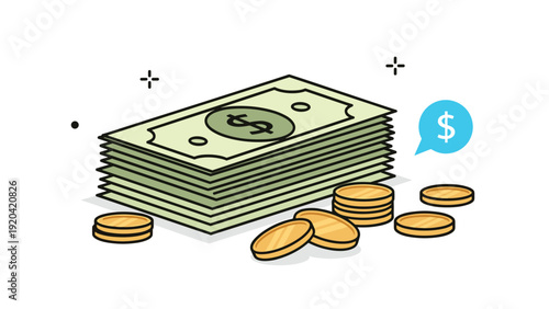 Stack of green paper money and piles of gold coins with a dollar sign speech bubble for financial and wealth themes.