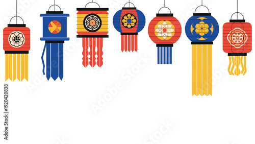 Decorative string of colorful traditional Asian paper lanterns with floral patterns hanging on a white background for festivals.