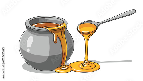 Grey ceramic honey pot with golden honey dripping from a spoon for breakfast and natural sweetener themed designs.