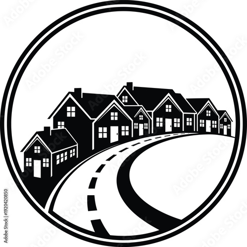 Black silhouette of a residential neighborhood with houses along a curved road enclosed in a circular frame vector illustration