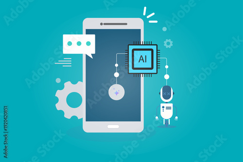 Mobile phone featuring integrated artificial intelligence microprocessor connected to chat bubble and small robot character for automated digital solutions