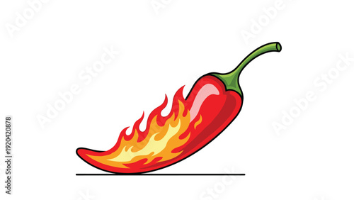 Hot red chili pepper with orange flames coming from it to represent spicy food and intense heat in culinary designs.