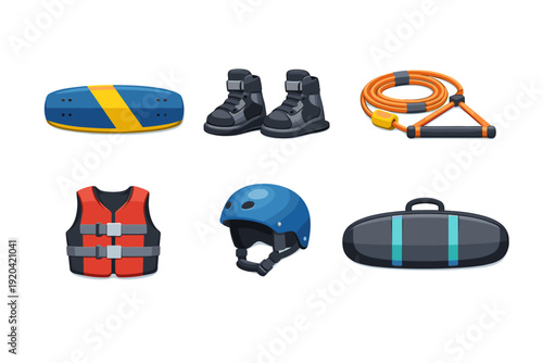 Collection of water sports equipment and accessories for active recreation
