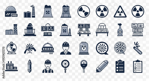 Collection of industrial and medical icons including symbols for nuclear energy healthcare and construction on a transparent background