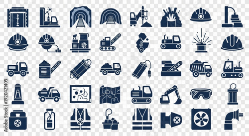 Collection of industrial construction icons including vehicles hard hats tools and machinery on transparent background