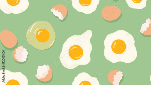 Seamless pattern featuring sunny side up fried eggs and broken eggshells on a green background for kitchen and breakfast themes.