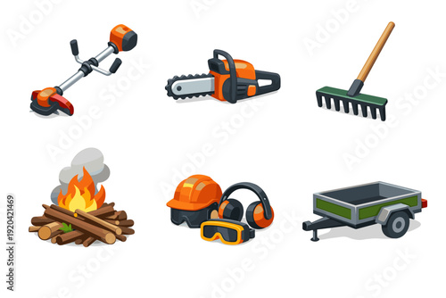 Set of outdoor tools and safety gear icons showing chainsaw, trimmer, rake, campfire and trailer