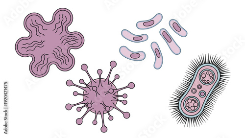 Diverse collection of purple germs and viral pathogens illustrating different shapes of microbes for clinical and medical studies.