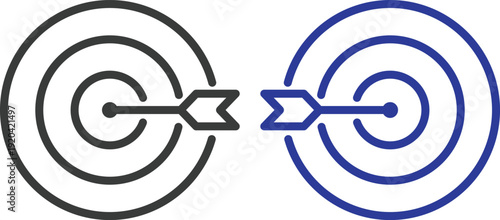 Target goal achievement icon set collection with dartboard, arrow, focus and business strategy symbols in blue and black colors isolated on white background, success and marketing concept.