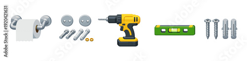 Home repair concept with toilet paper holder, mounting hardware, cordless drill and level