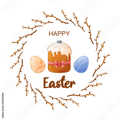Happy Easter round greeting card. Easter cake with sugar icing and colored eggs. Textured vector illustration. Watercolor effect.